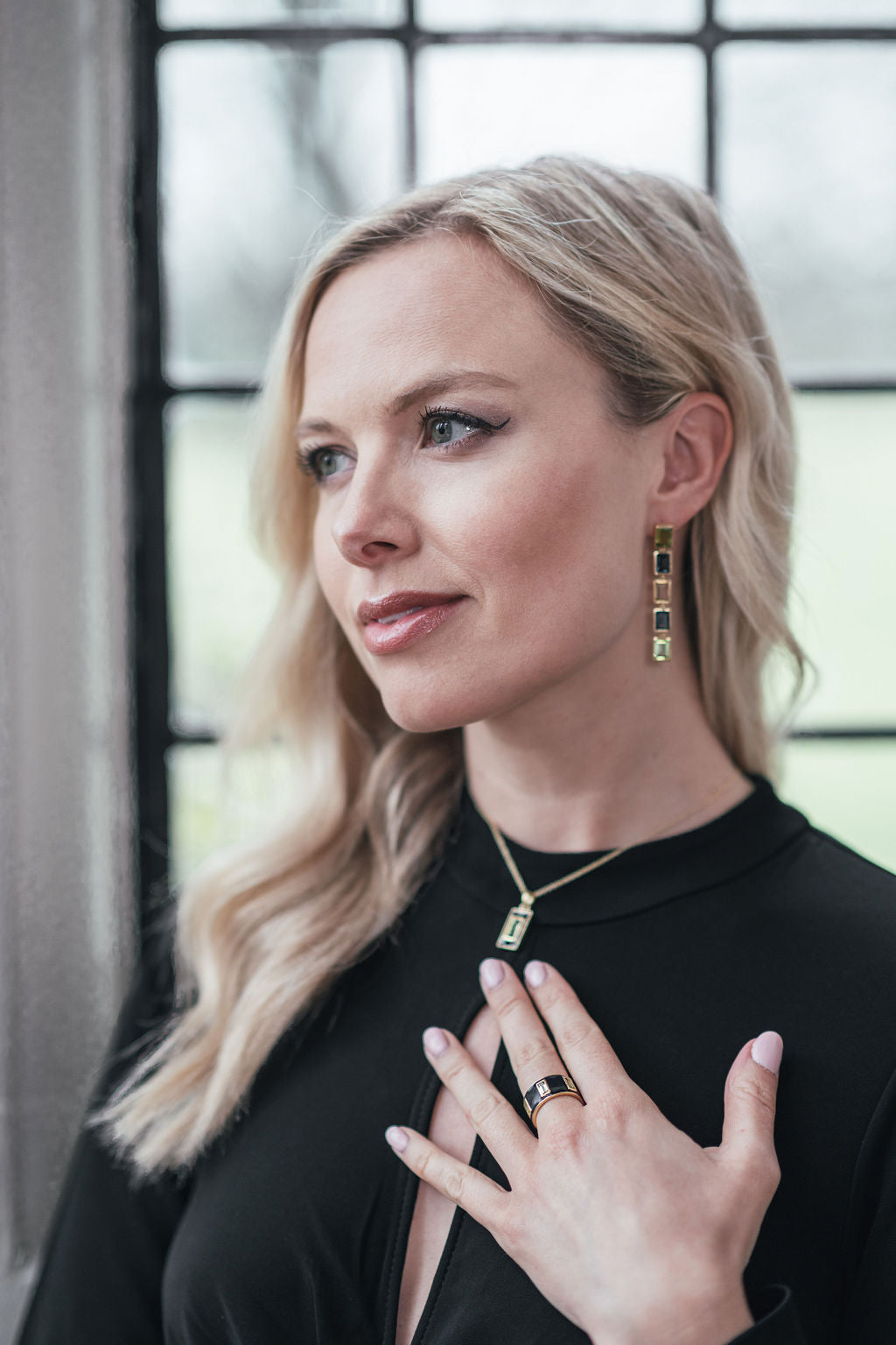 Model wearing Peridot, London Blue Topaz and Citrine 5 Drop Earrings