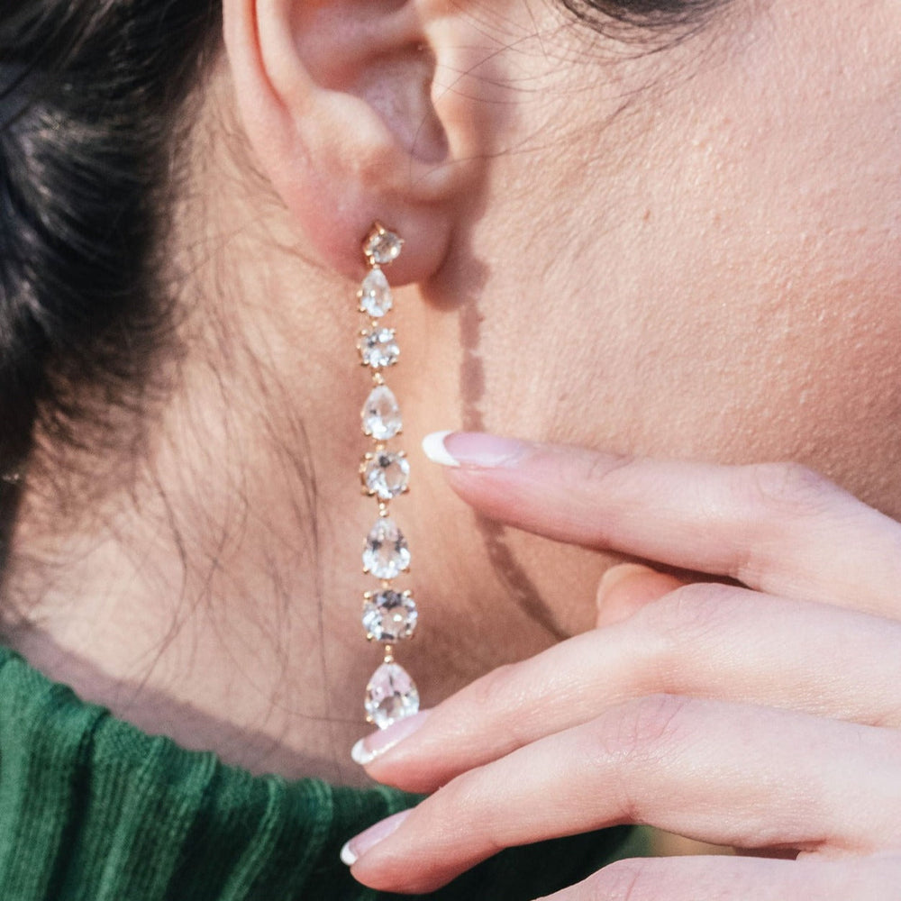 
                  
                    Close up of Model demonstrating the wear of the Luxury Gemstone jewelry -  Long Diamond 18ct Yellow Gold Drop Earrings– Gstaad Collection, Augustine jewelry, Luxury jewelry London.
                  
                