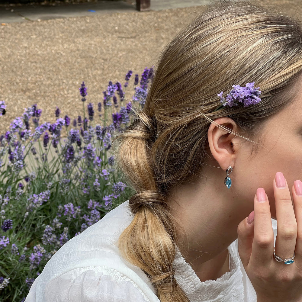 Model wearing Blue Topaz and Diamond Earrings