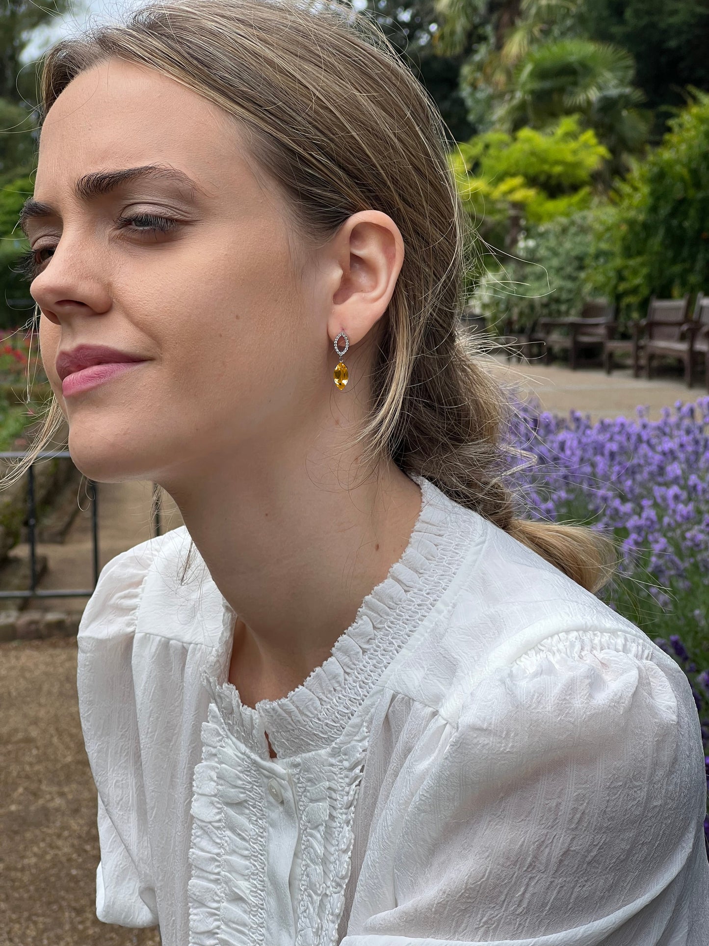 Model wearing Citrine & Diamond Earrings