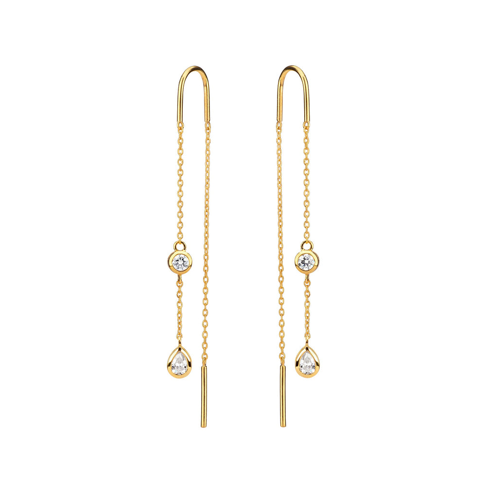 Minimalist Bezel-Set Pear Cut and Round Cut Diamonds and Delicate Yellow Gold Chain Threader Earrings