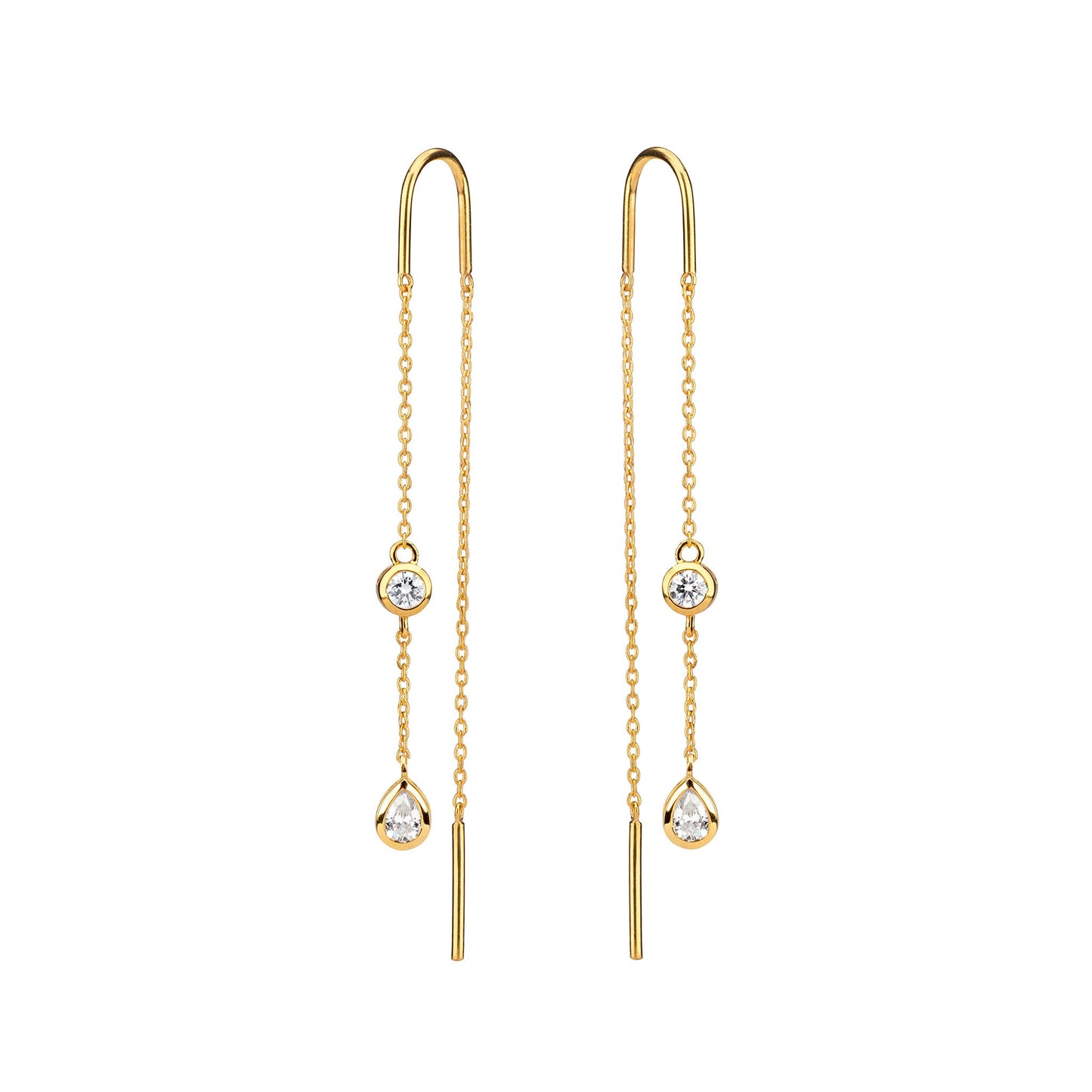 Minimalist Bezel-Set Pear Cut and Round Cut Diamonds and Delicate Yellow Gold Chain Threader Earrings