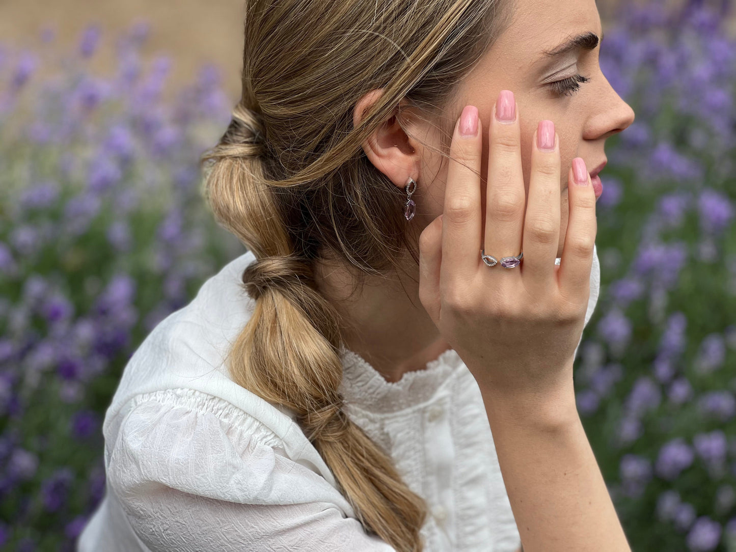 Model wearing the Purple Amethyst and Diamond Earrings