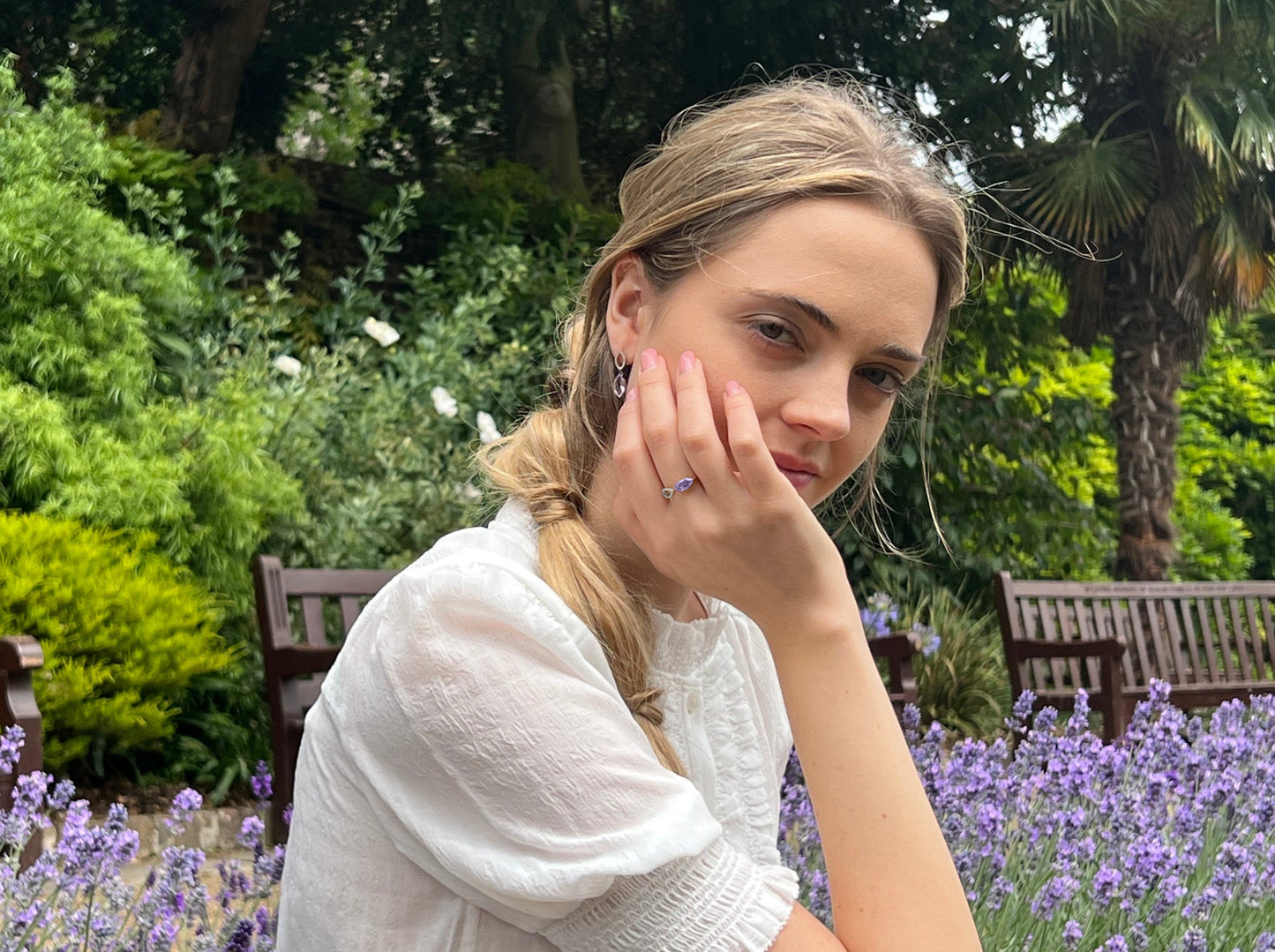 Model wearing Purple Amethyst & Diamond Ring