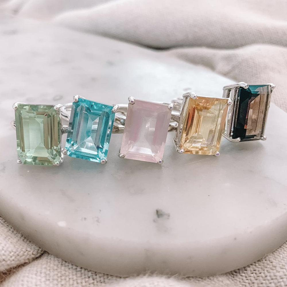 
                  
                    South of France rings in Sterling Silver Green Amethyst, Blue Topaz, Rose Quartz, Citrine, and Smoky Quartz
                  
                