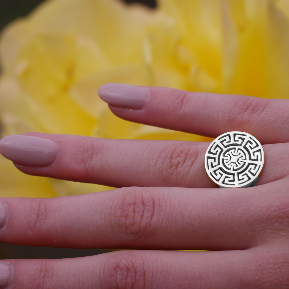 Model wearing Silver Aztec Ring