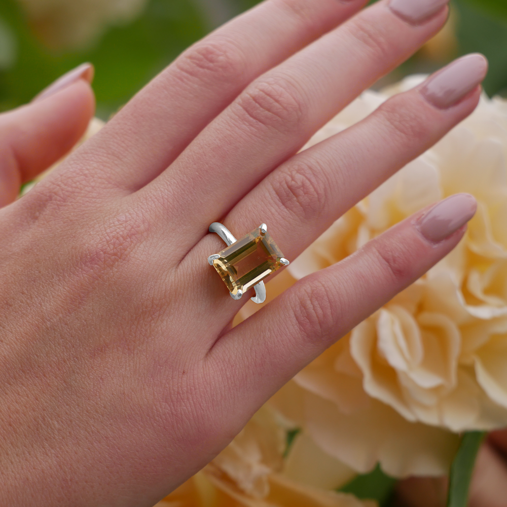 
                  
                    Hand view of model wearing Sterling Silver Citrine Ring in front of yellow flowers
                  
                