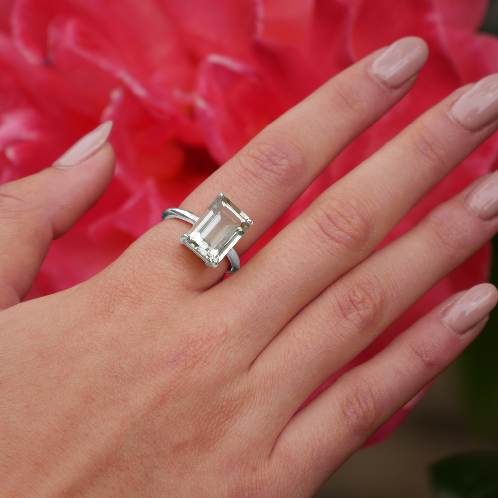 
                  
                    Model wearing Sterling Silver Green Amethyst ring
                  
                