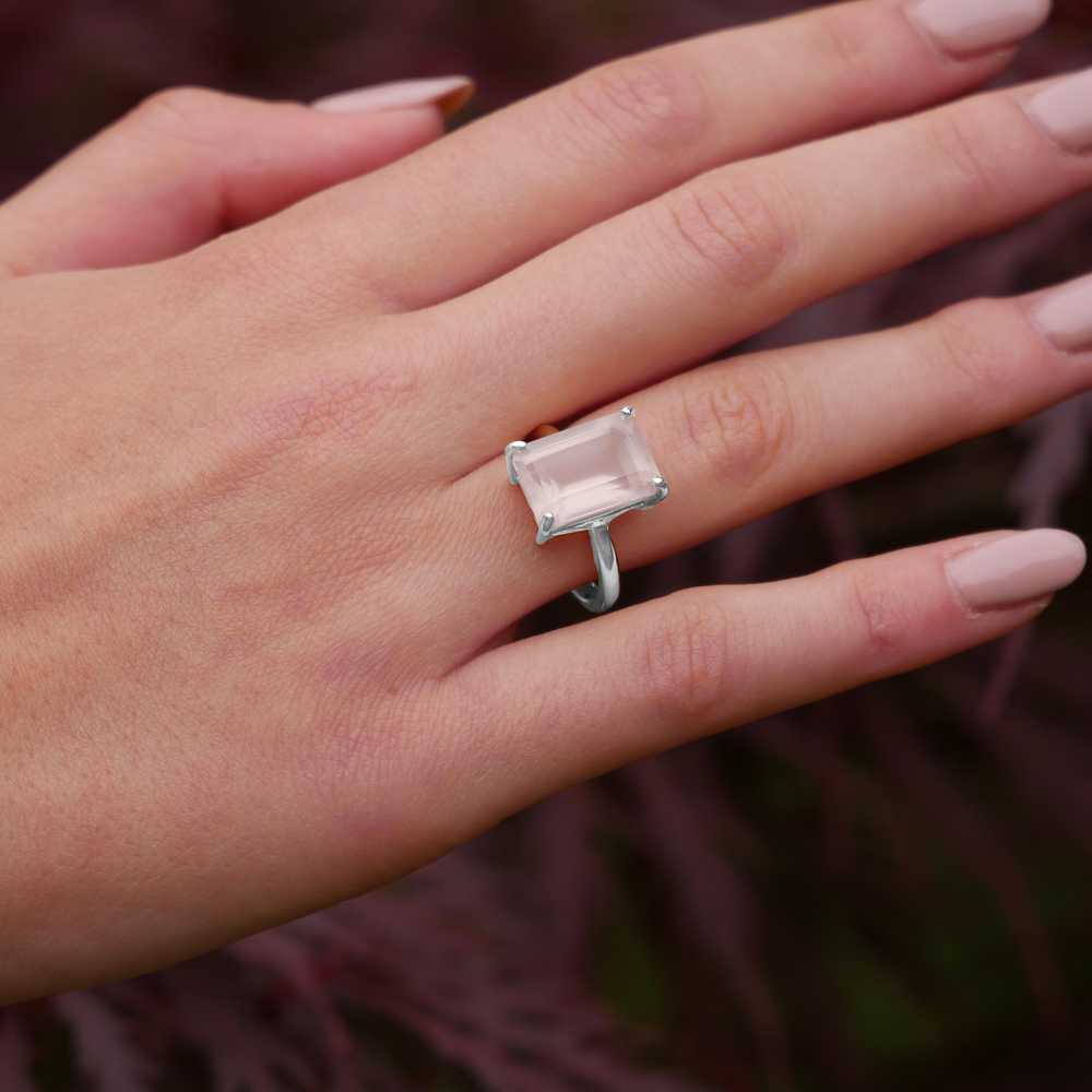 Model wearing Sterling Silver Rose Quartz Ring