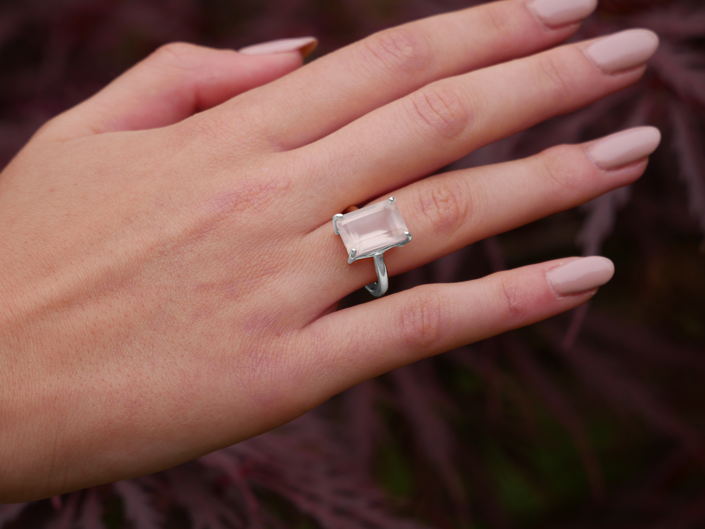 Model wearing Sterling Silver Rose Quartz Ring