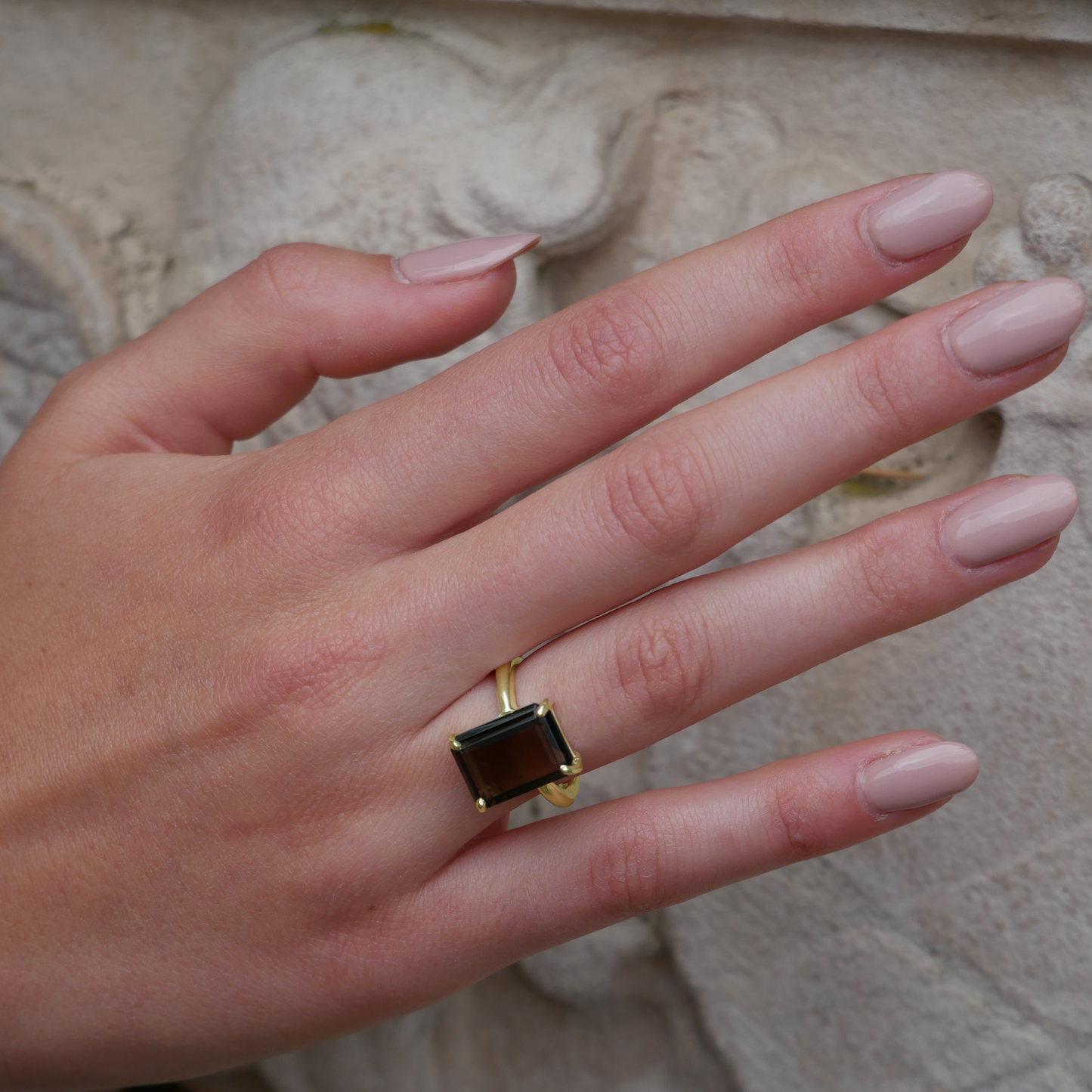 Model wearing Yellow Gold Smoky Quartz Ring