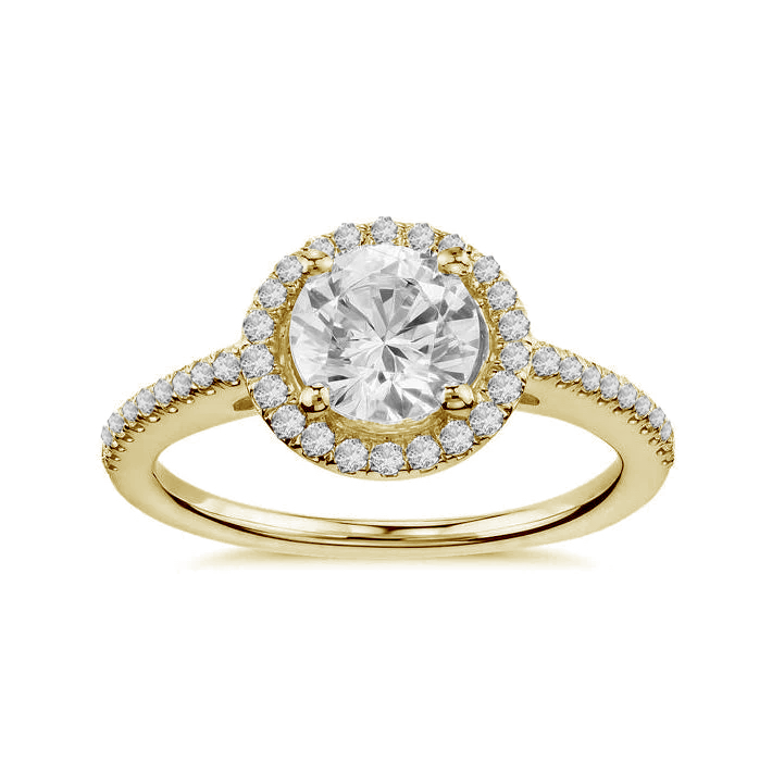 18 ct Yellow Gold Diamond Engagement Ring with diamonds around band and surrounding the diamond at center | Augustine Jewels |